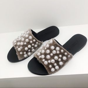 Sol Sana Teresa Faux Fur Imitation Pearl Tan Slides